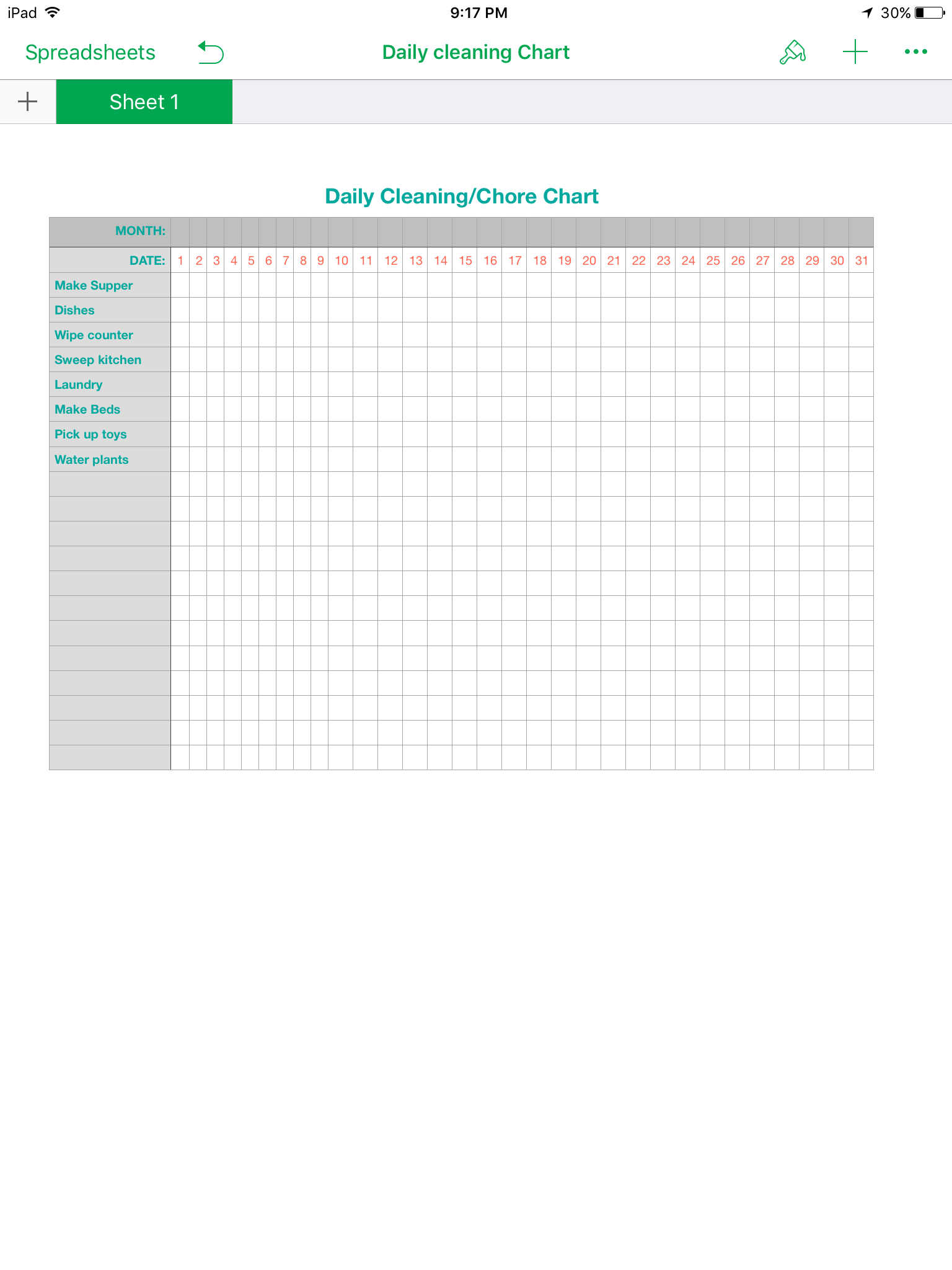 Cleaning Chart For Home